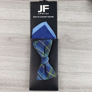 blue and yellow J.Ferrar bow tie with hankerchief